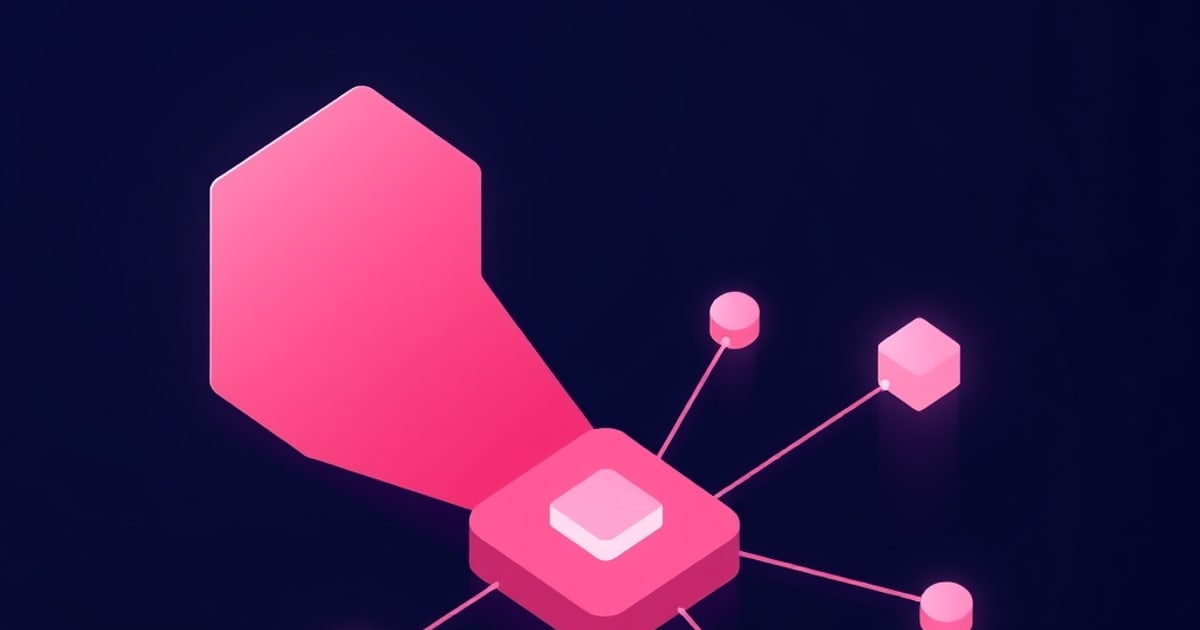 A pink isometric hub node radiates connection lines to smaller cube and cylinder nodes and beams outward toward a hexagon, evoking a router linking devices over a PPPoE connection.