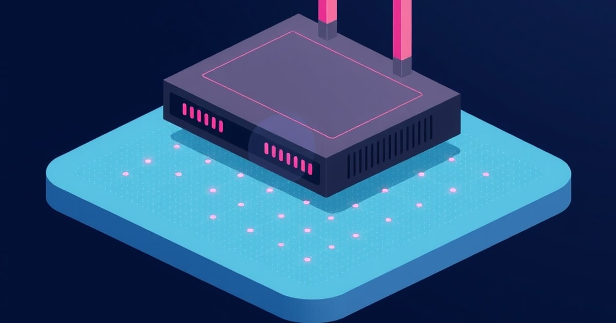 An isometric router with two pink antennas and glowing pink status lights sits on a translucent blue platform dotted with small network nodes, evoking a firmware upgrade.
