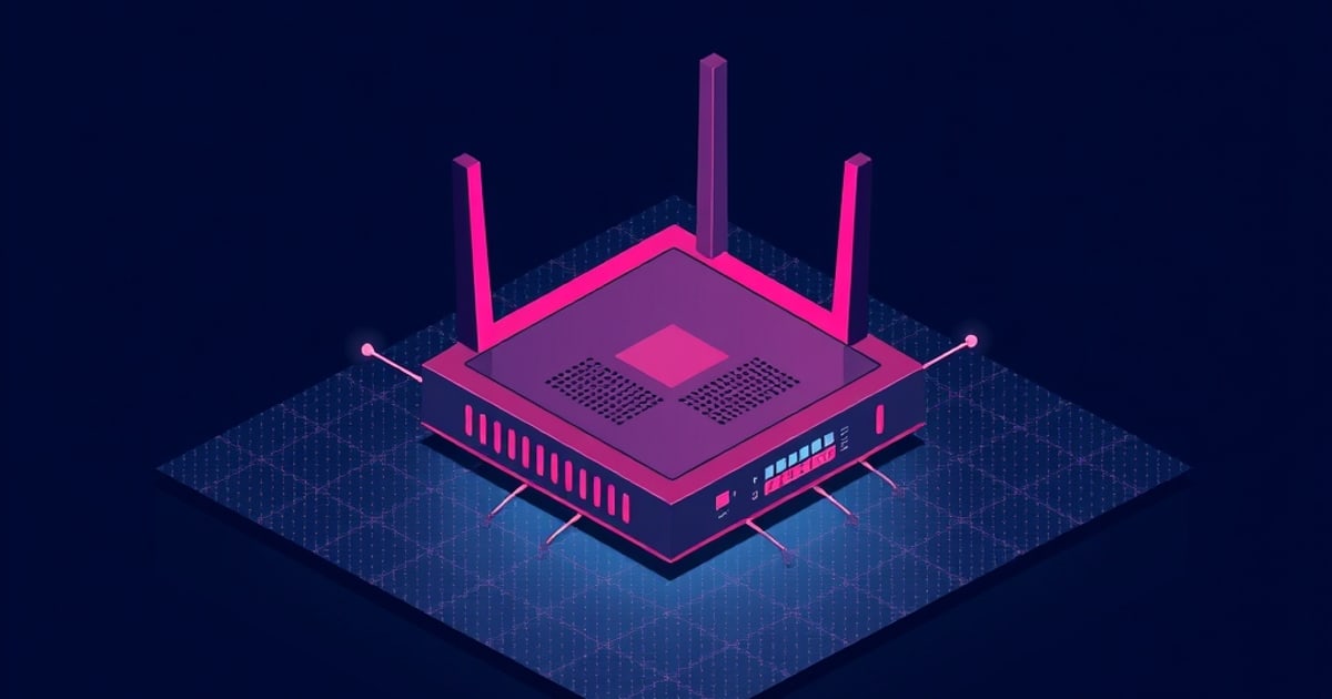 An isometric pink and purple wireless router with three antennas, front ports, and status lights sits on a glowing blue grid, evoking network controller and access point management.