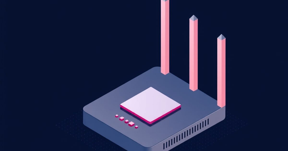 Flat isometric illustration of a slate router with three tall pink antennas, a white chip on its lid and a row of small pink indicator blocks, on navy.