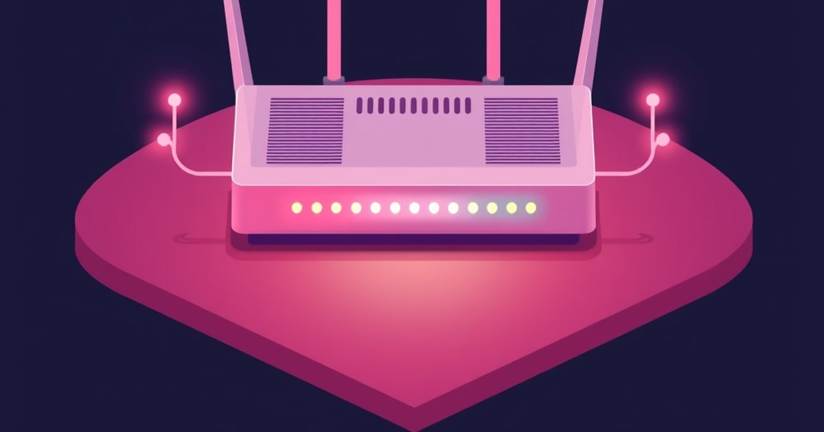 A pink isometric wireless router with three raised antennas sits on a glowing pink diamond-shaped platform, its front LED indicator row lit and two side cables glowing at the ends.