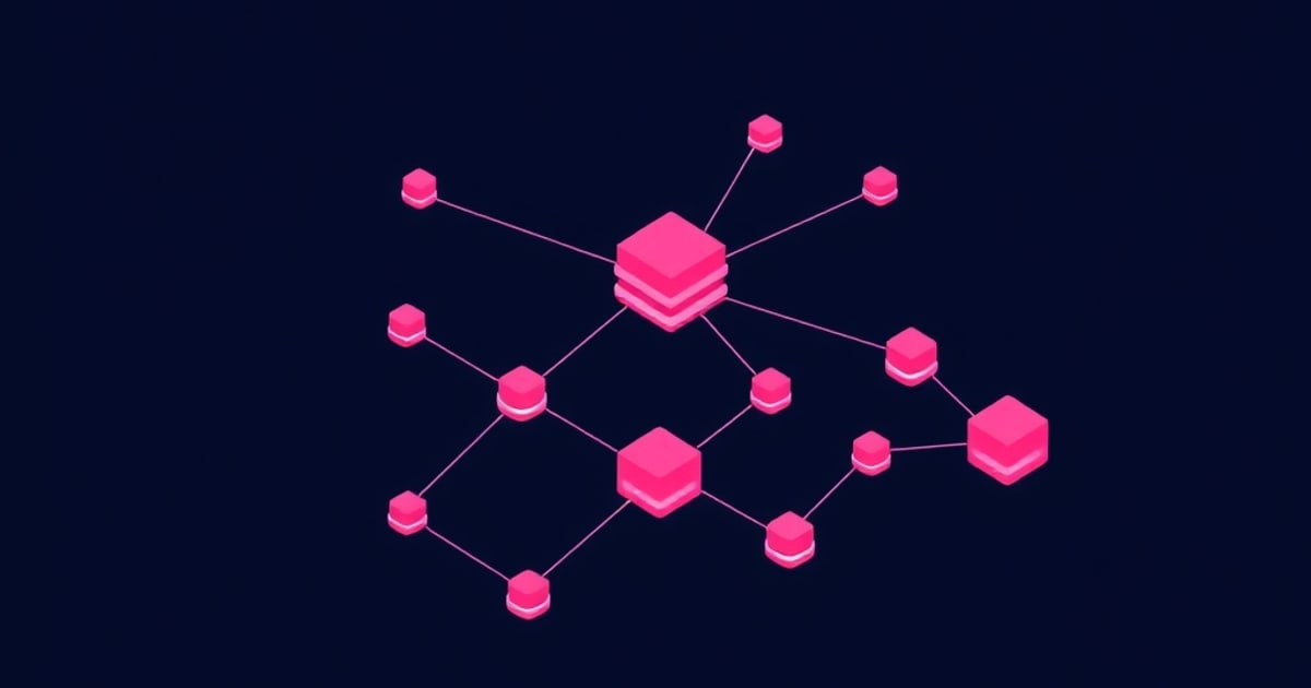 Flat isometric illustration of pink hexagonal nodes joined by thin lines around one larger stacked hex hub, on a plain dark navy background.
