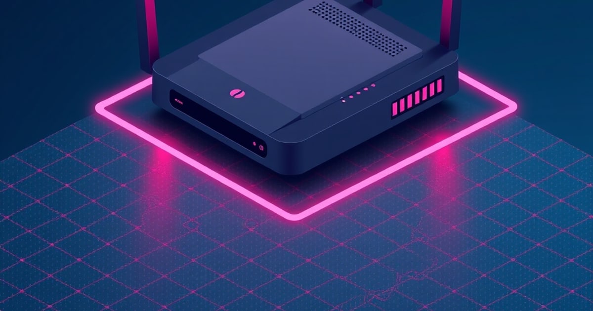 Flat isometric illustration of a dark two-antenna router glowing inside a bright pink rectangular outline above a blue grid floor.