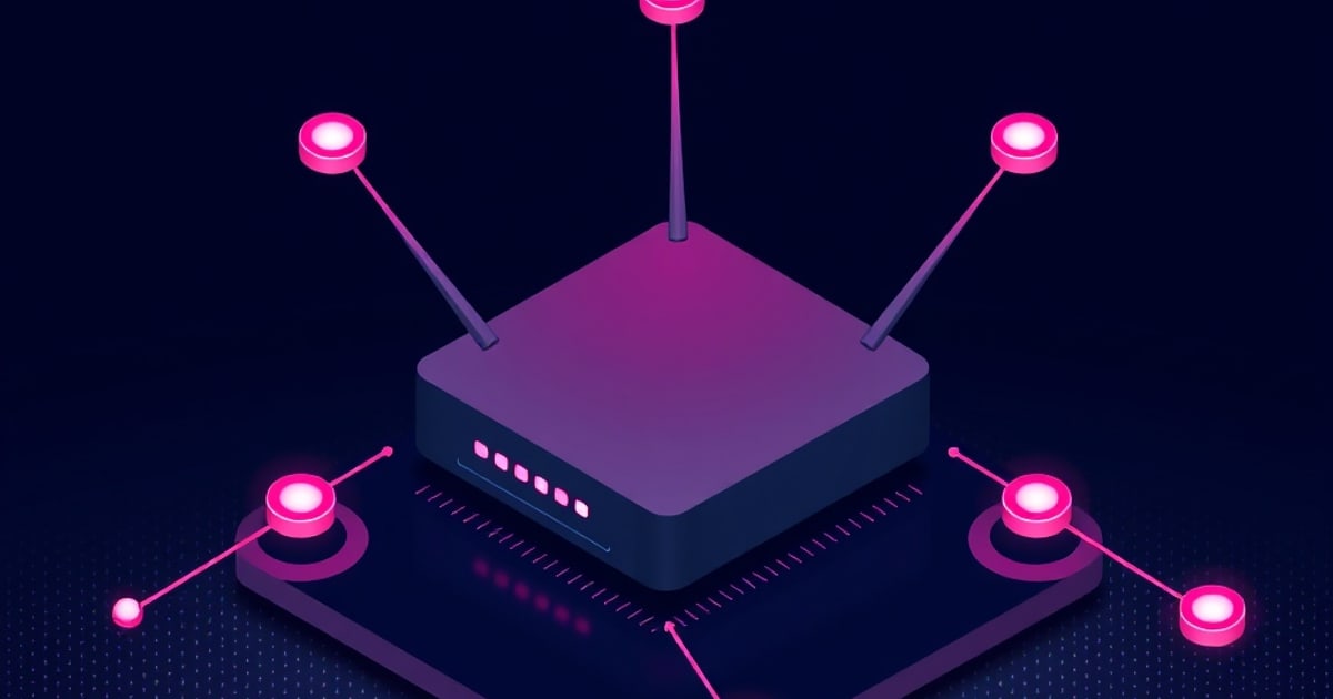 A dark isometric router with glowing pink antennas and status lights connects to satellite nodes on a circuit-patterned platform, evoking RouterOS configuration options.