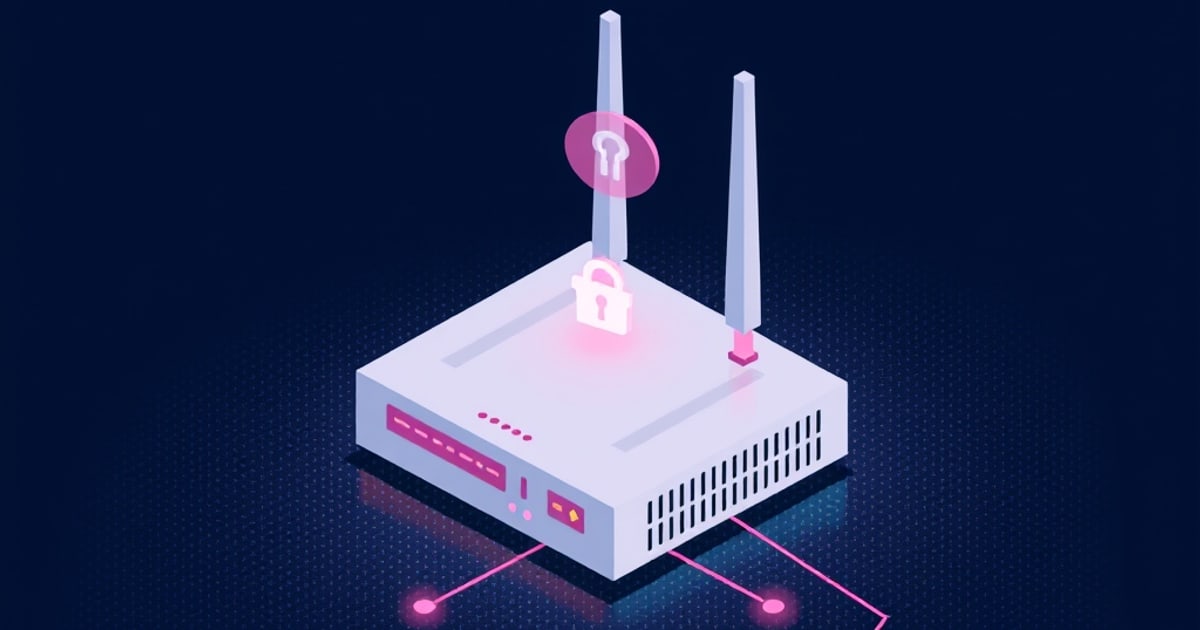 Isometric white router with two antennas, a glowing pink padlock and a keyhole badge on top, pink cables branching to glowing nodes on a dark dotted surface