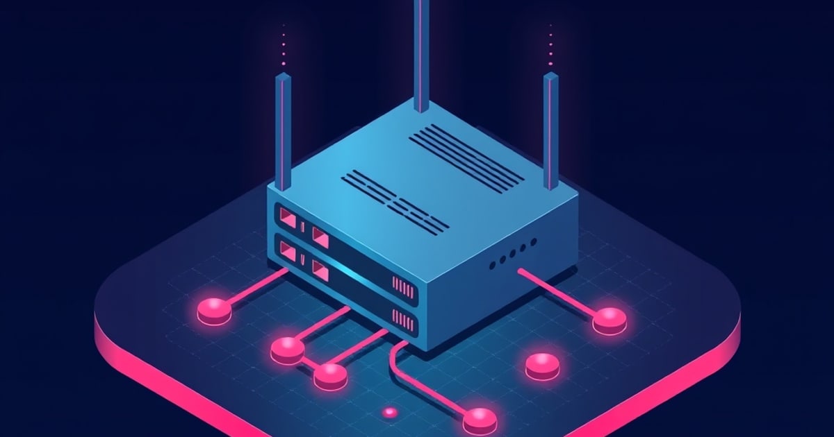 An isometric three-antenna router sits on a dark circuit-board platform with glowing pink cables branching to multiple connected network nodes.