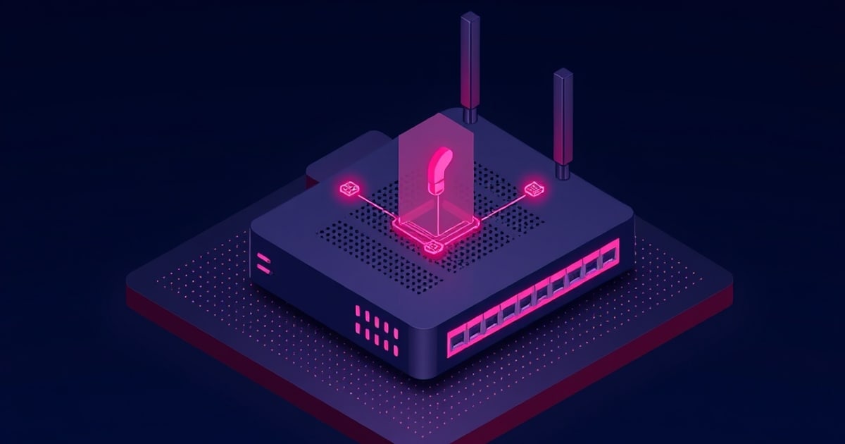 A dark isometric network router with glowing pink antennas and ports, a translucent panel above it showing a highlighted connection path between two linked nodes.