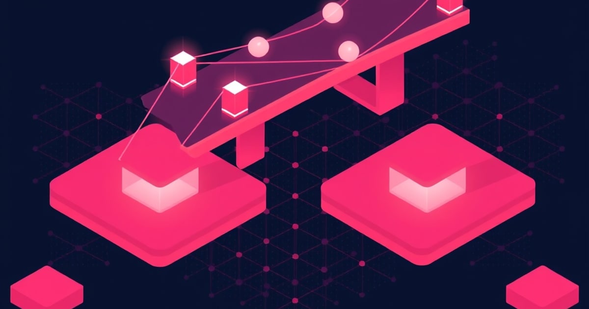 Isometric illustration of a raised span on a post carrying glowing cubes above two socketed slabs, representing a bridge steering tagged traffic between ports